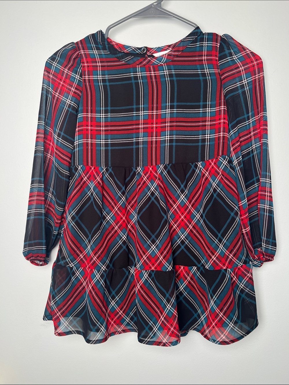 Draper James girls-XS Holliday Red and Black Plaid Tiered Long Sleeve dress.